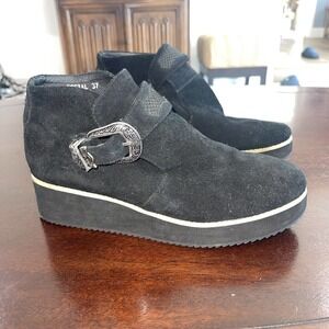 Silent D Anthropologie Cowboy Buckle Bootie Black Suede Boots 37 Platform US 6.5